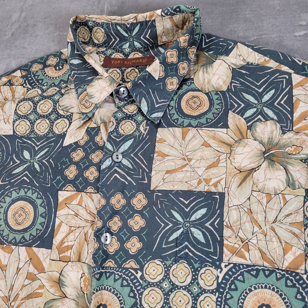 Tori Richard Mens Lg Hawaiian Aloha Shirt Floral Patchwork Short Sleeve Button - Picture 3 of 6